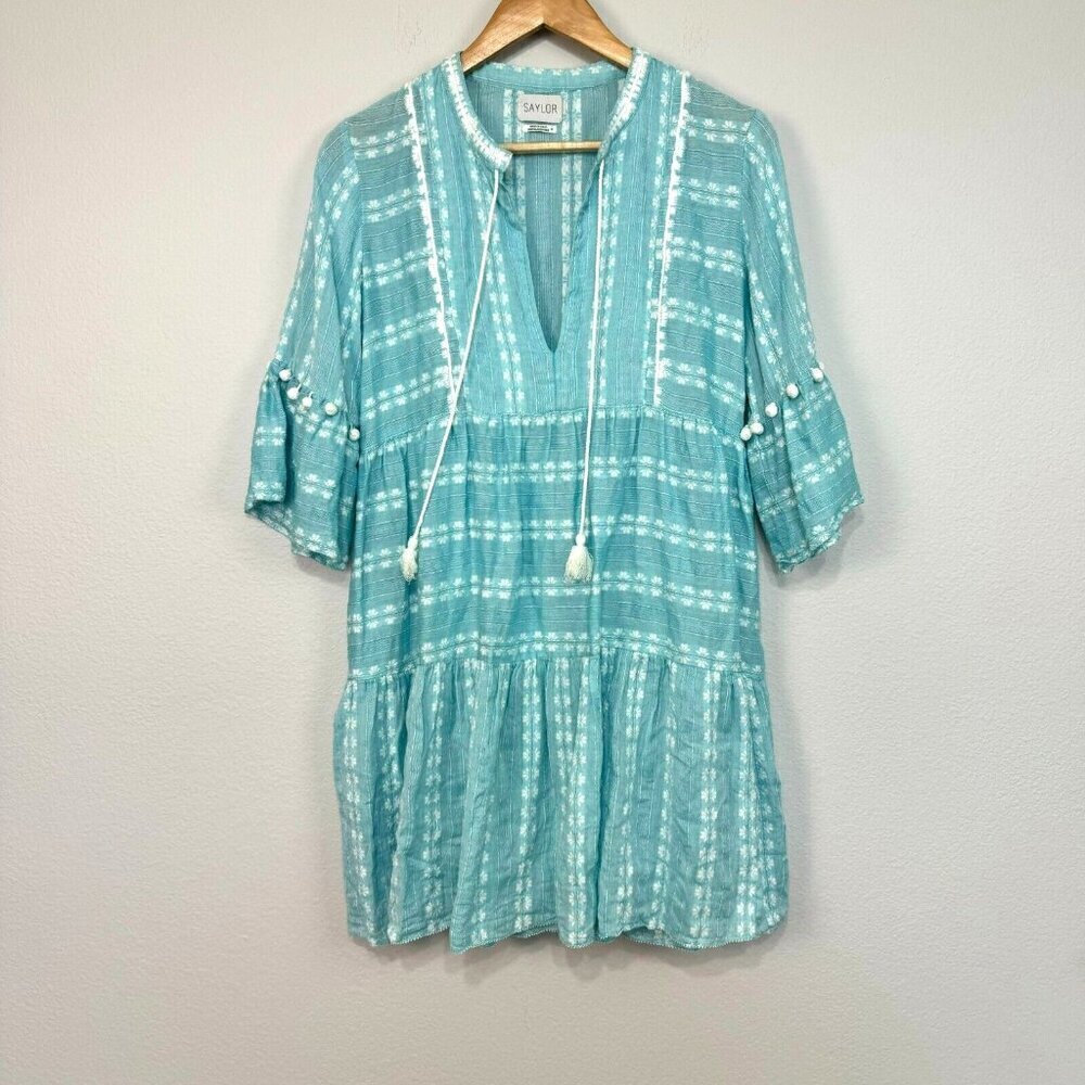 Saylor Rhoda Women's Mini Dress Boho Tasseled Bell Sleeve Blue White Size M